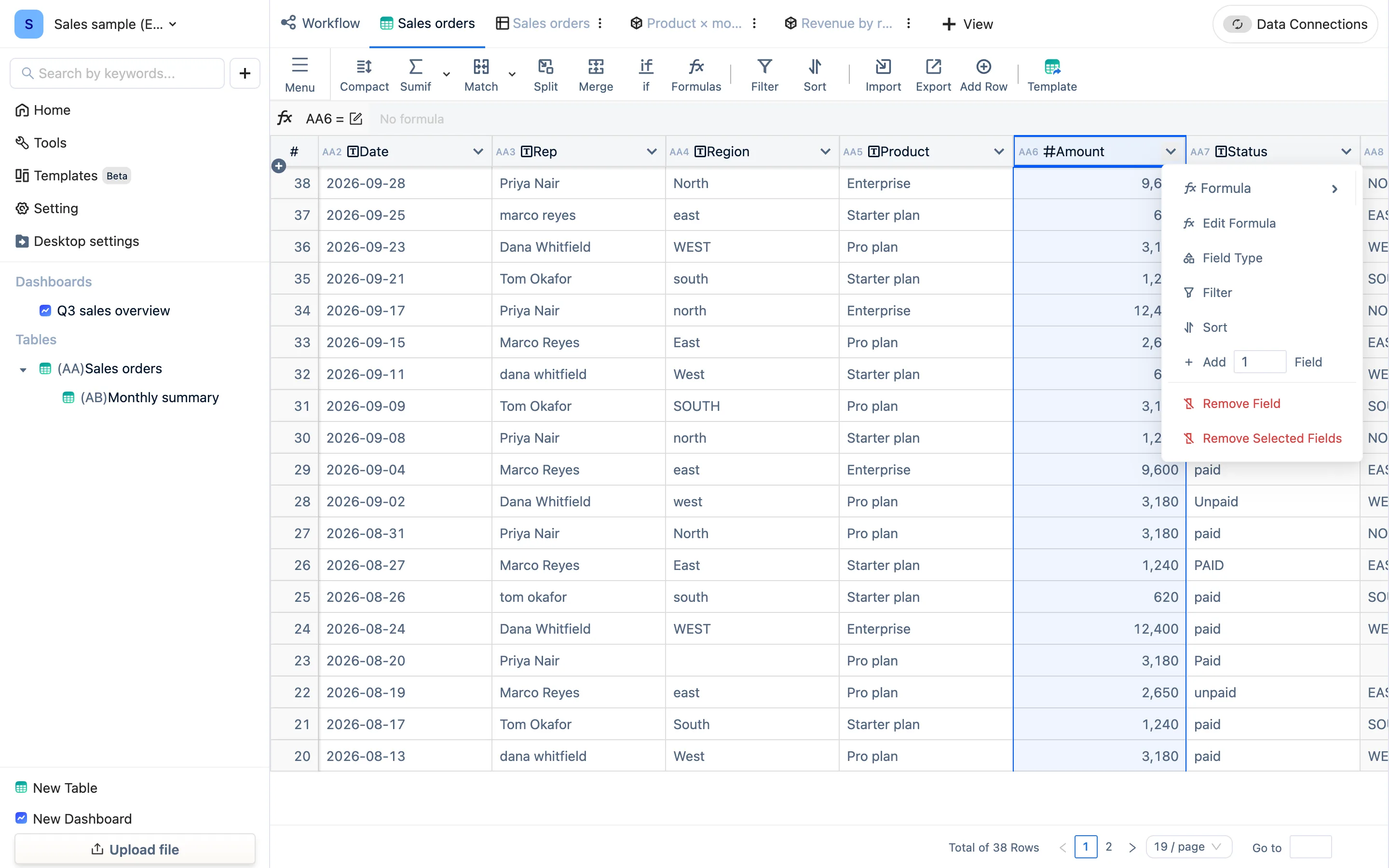 The header dropdown on the Amount column: Formula, Edit Formula, Field Type, Filter, Sort, Add Field, Remove Field, Remove Selected Fields