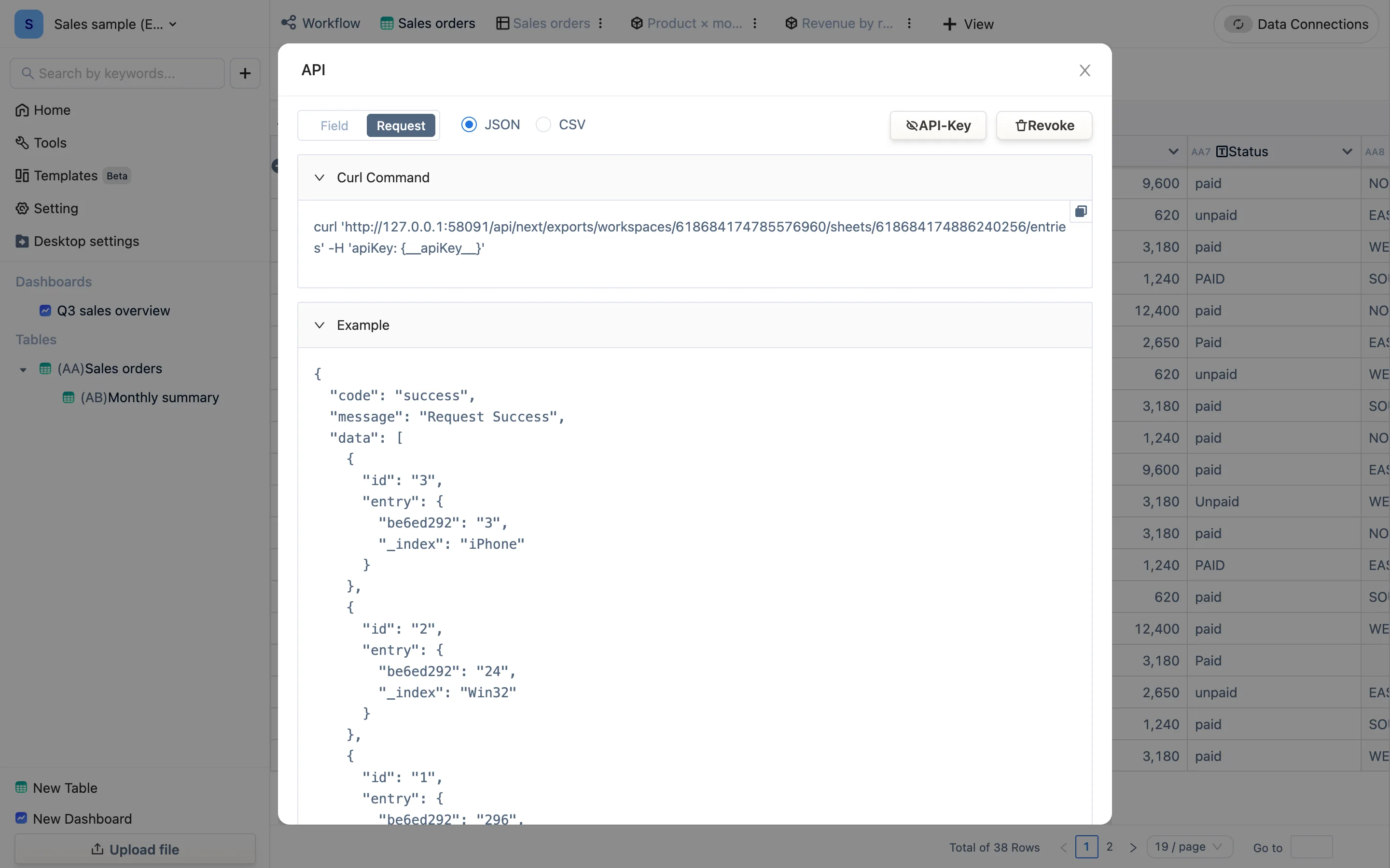 The API dialog: Field and Request tabs, a JSON / CSV switch, API-Key and Revoke, then the curl command and a sample response