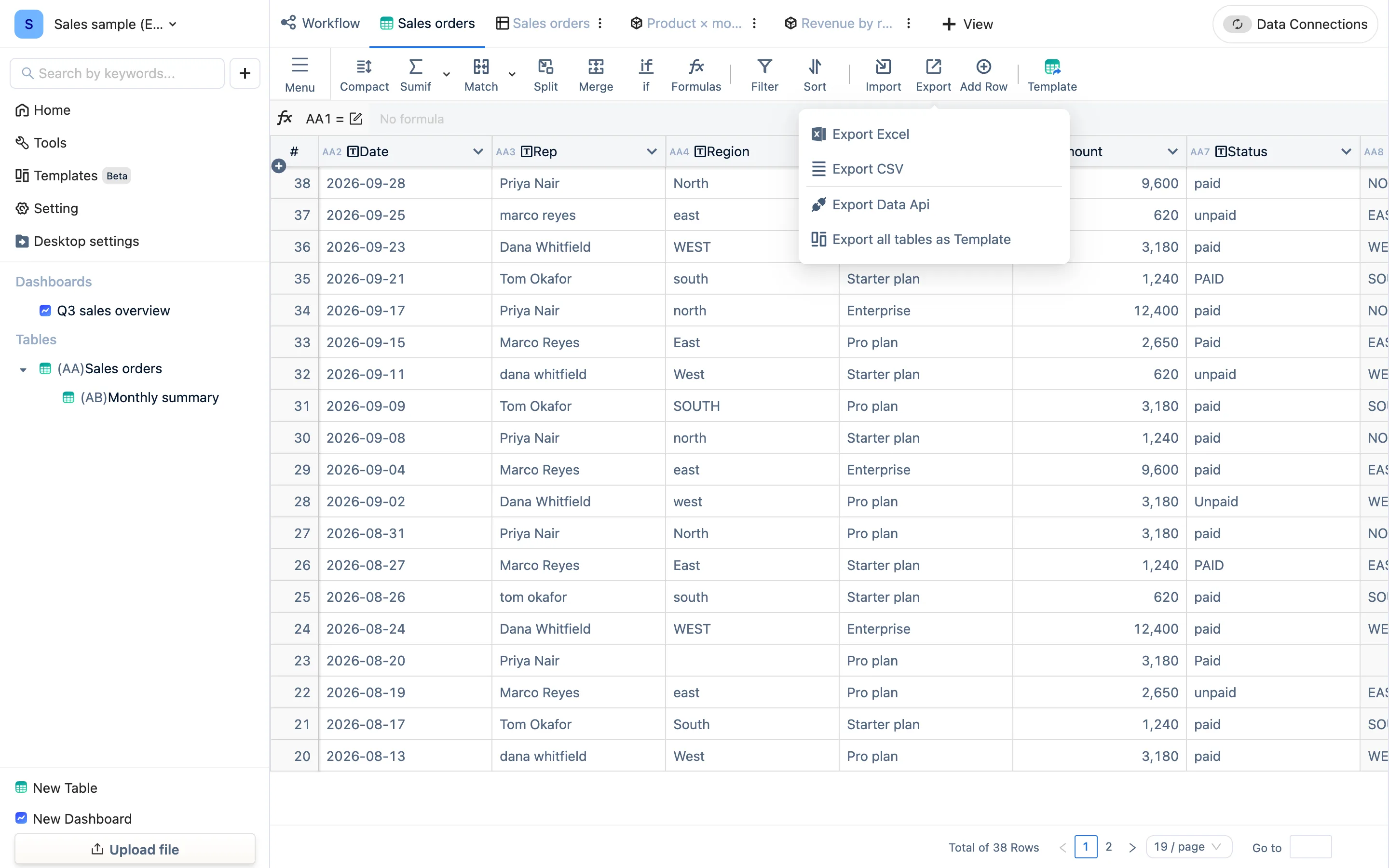 The Export menu: Export Excel, Export CSV, Export Data Api, Template