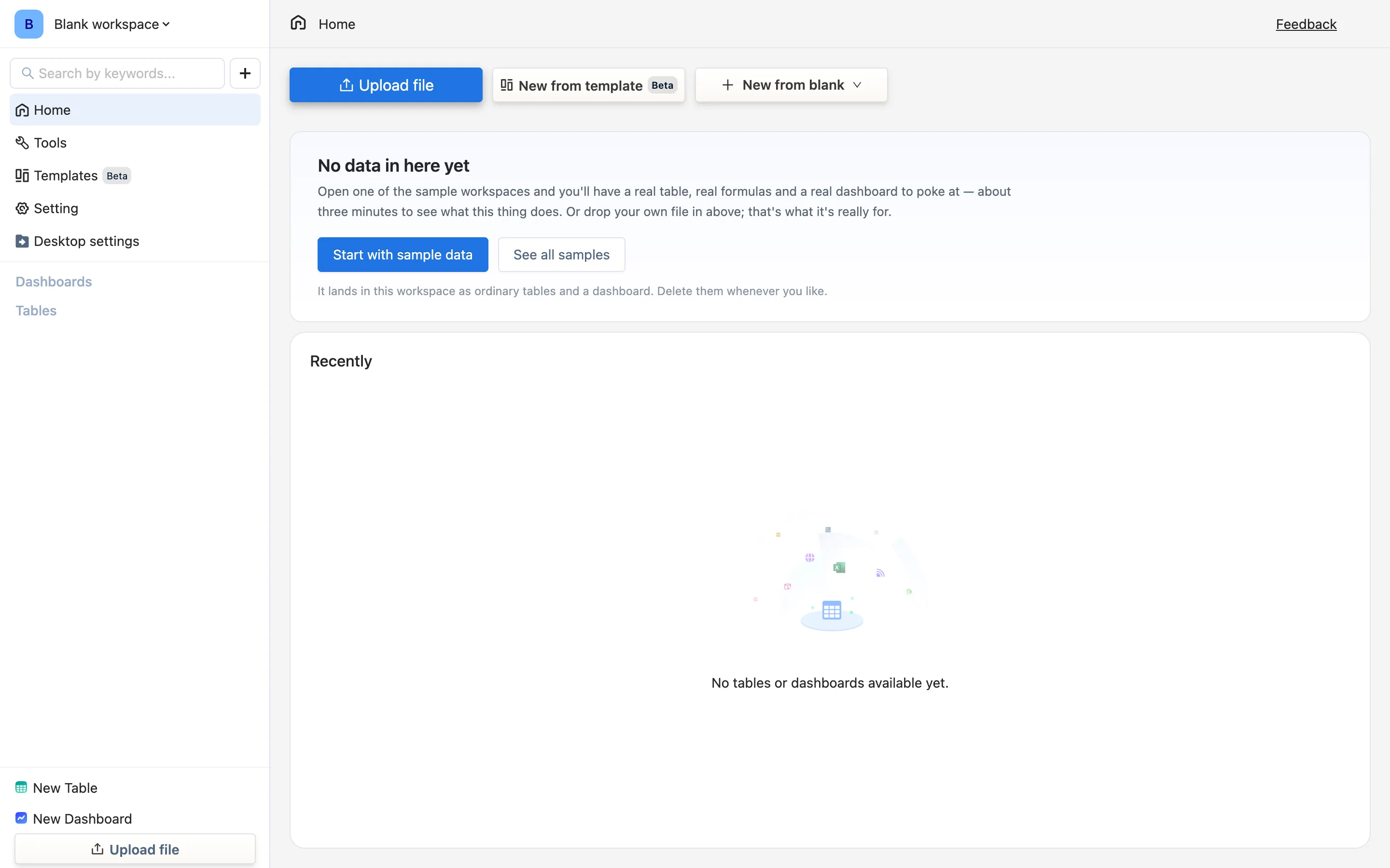 The home page of an empty workspace, with the Start with sample data button