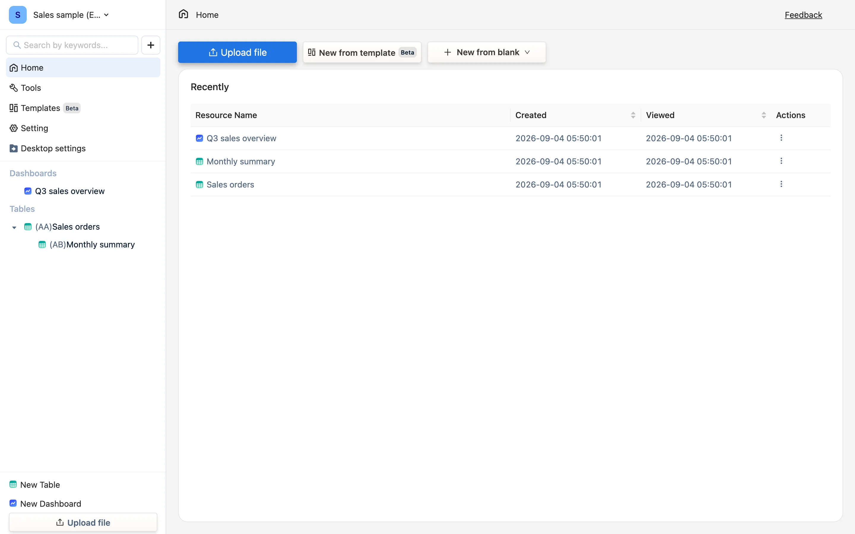 The home page: sidebar on the left, Upload file / New from template / New from blank across the top, Recently below