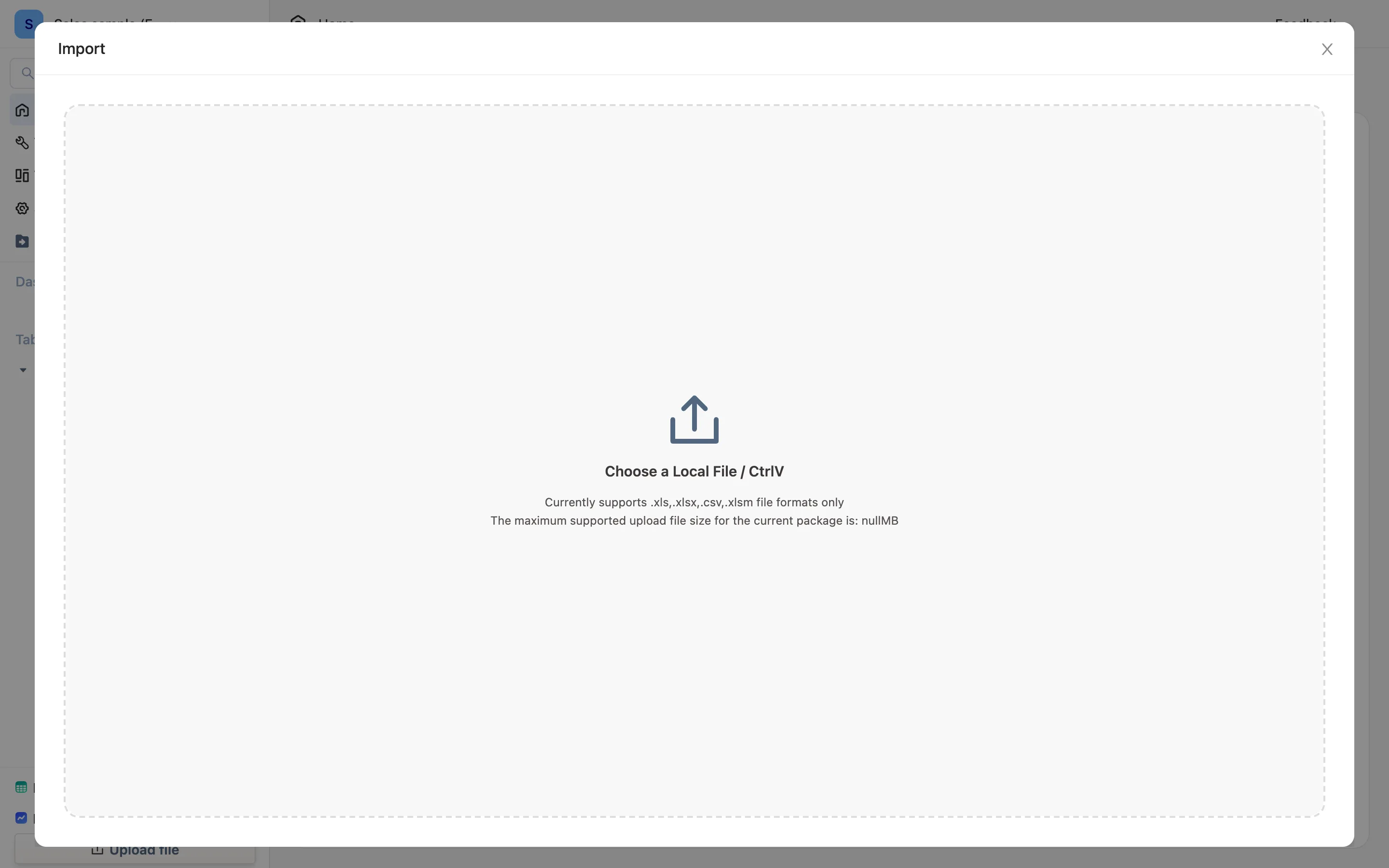 The Import window: choose a local file, or paste