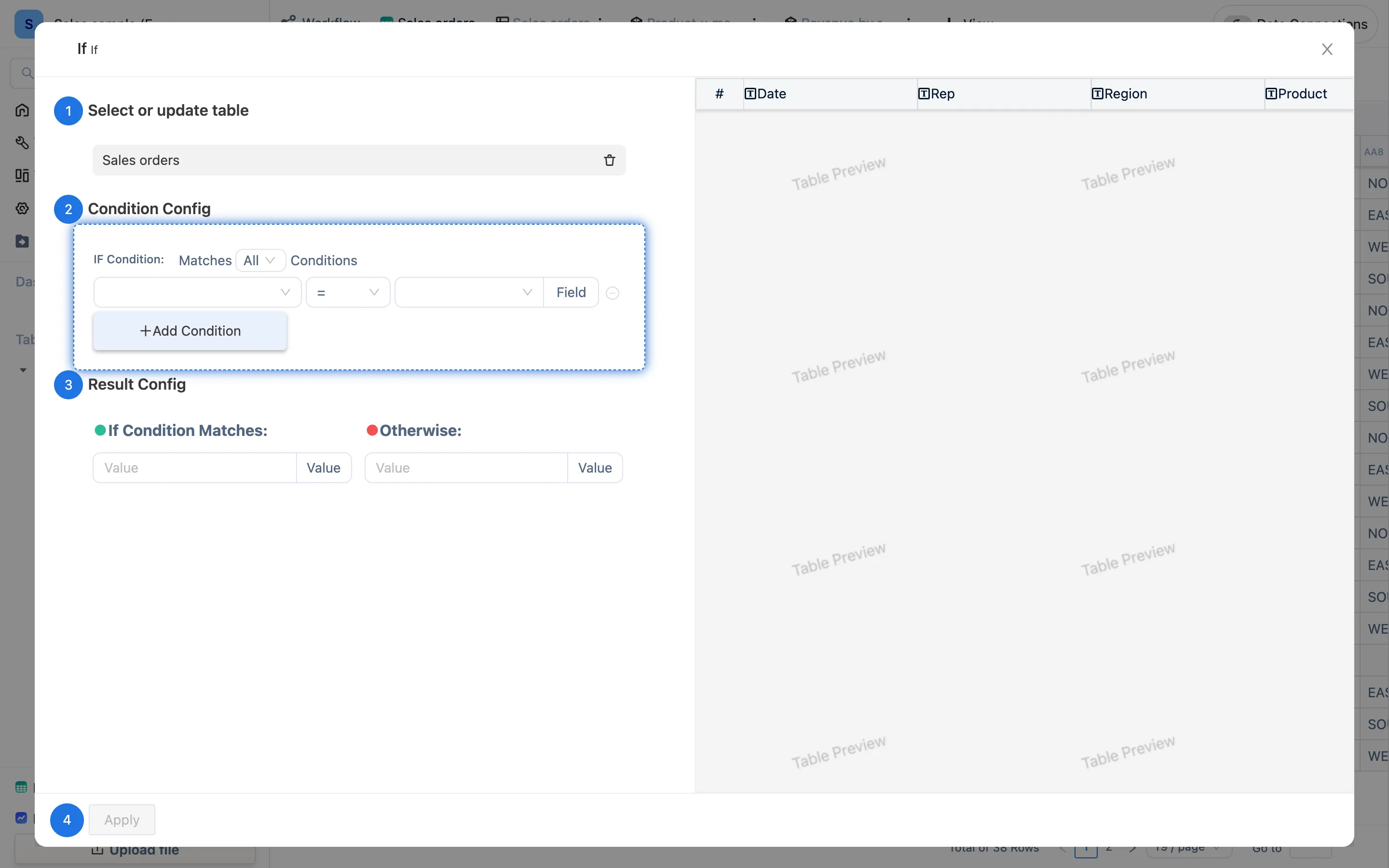 If パネル。Select or update table / Condition Config / Result Config / Apply