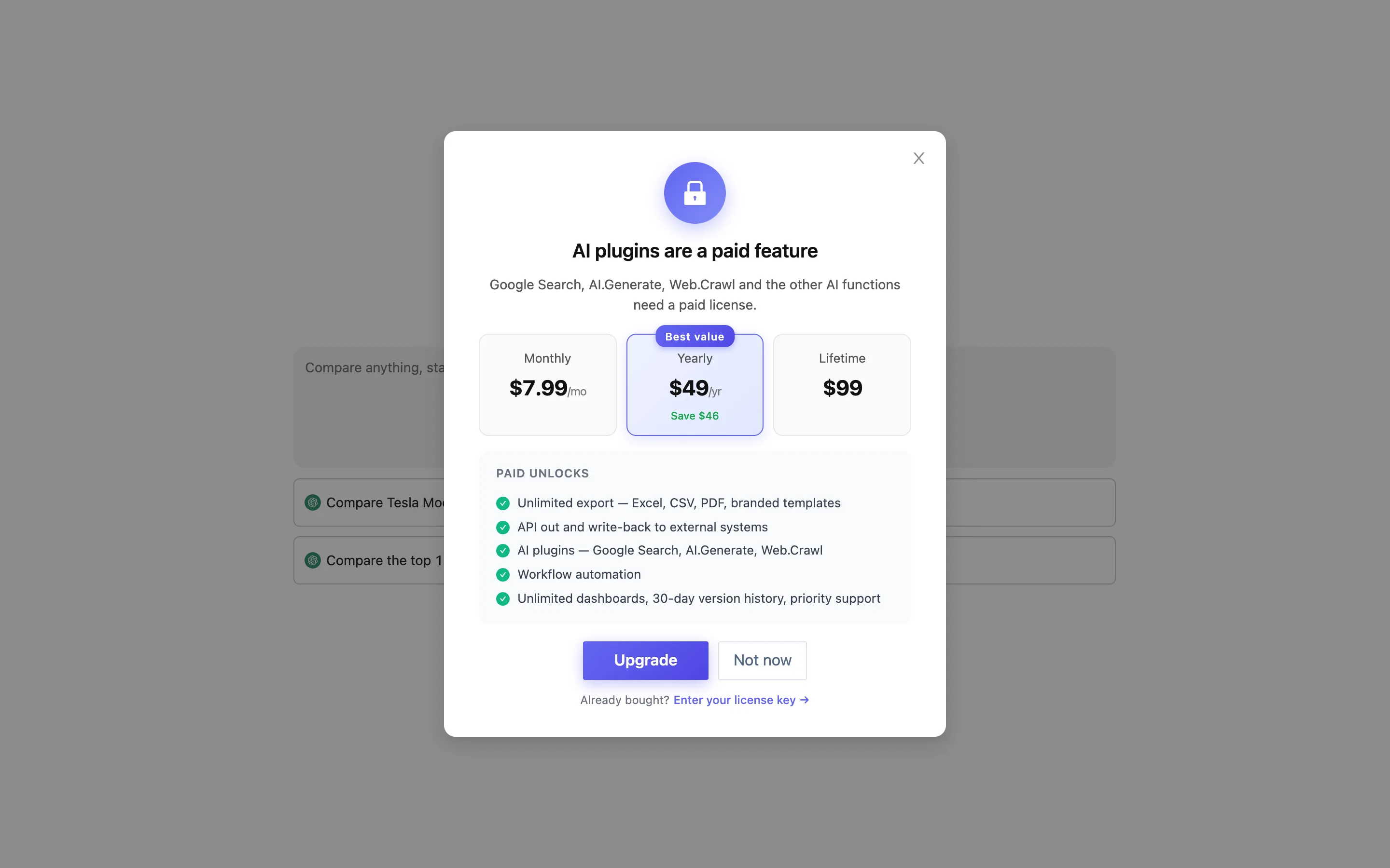 The upgrade dialog a free license gets on any AI feature