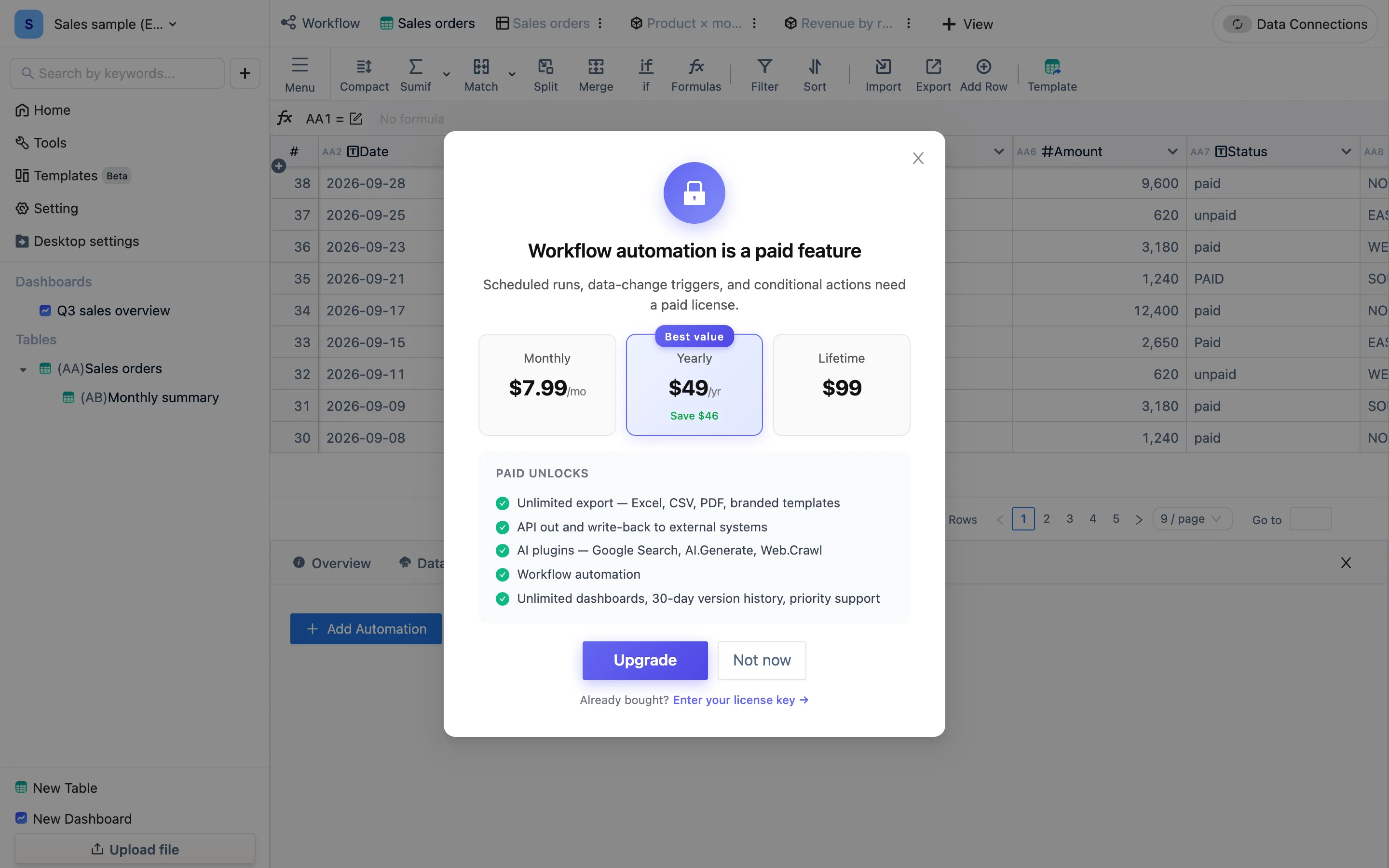 The paywall a free license gets on automation: Workflow automation is a paid feature