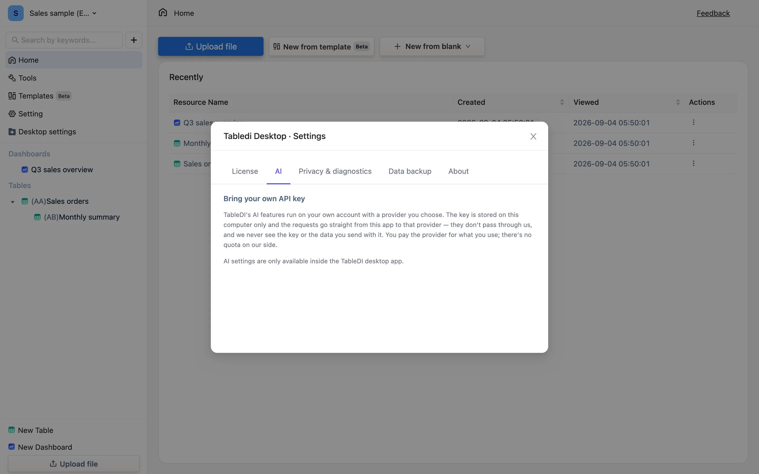 Desktop settings, AI tab: API key, chat completions endpoint and model