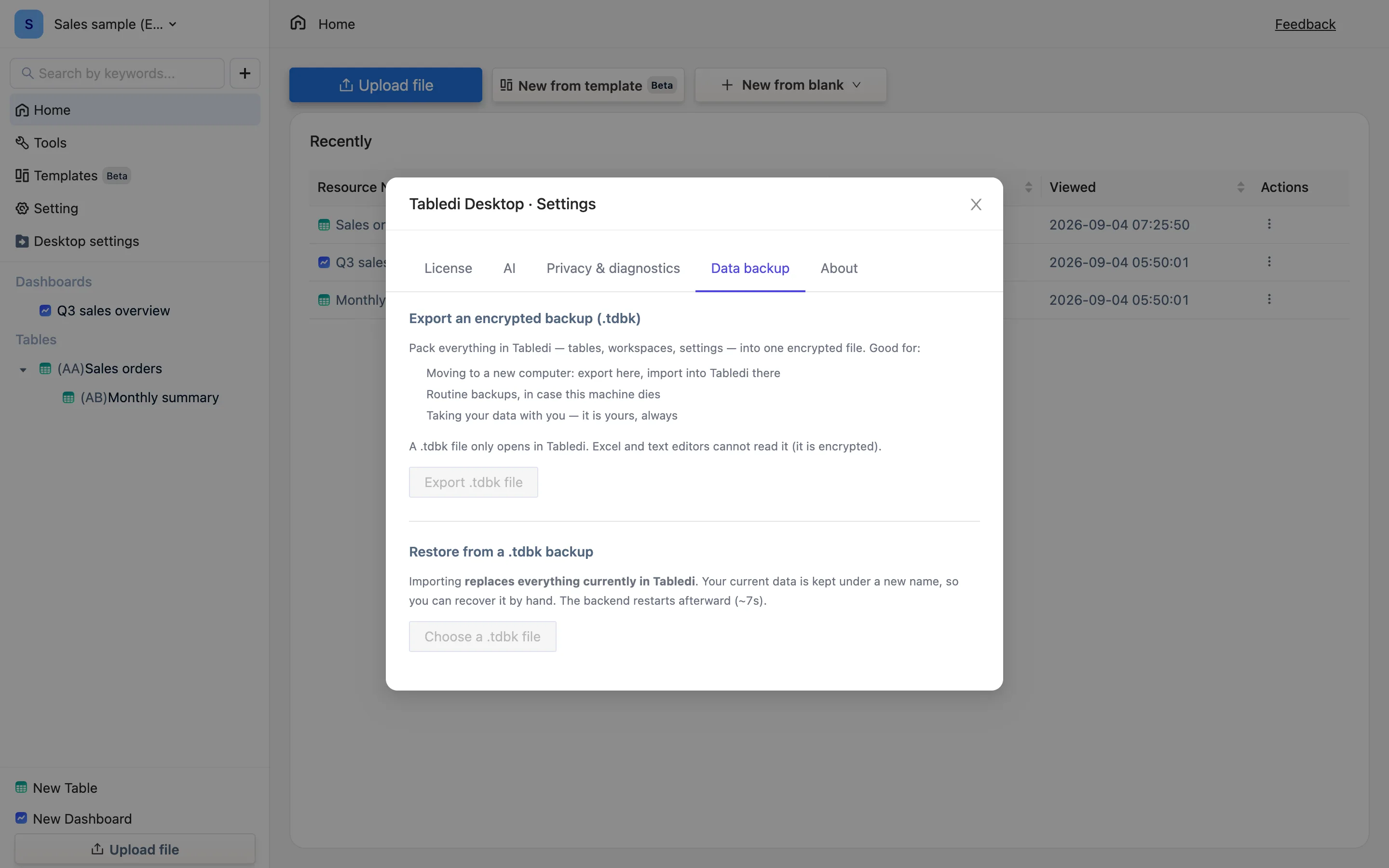 The Data backup tab: exporting an encrypted backup, and restoring from one