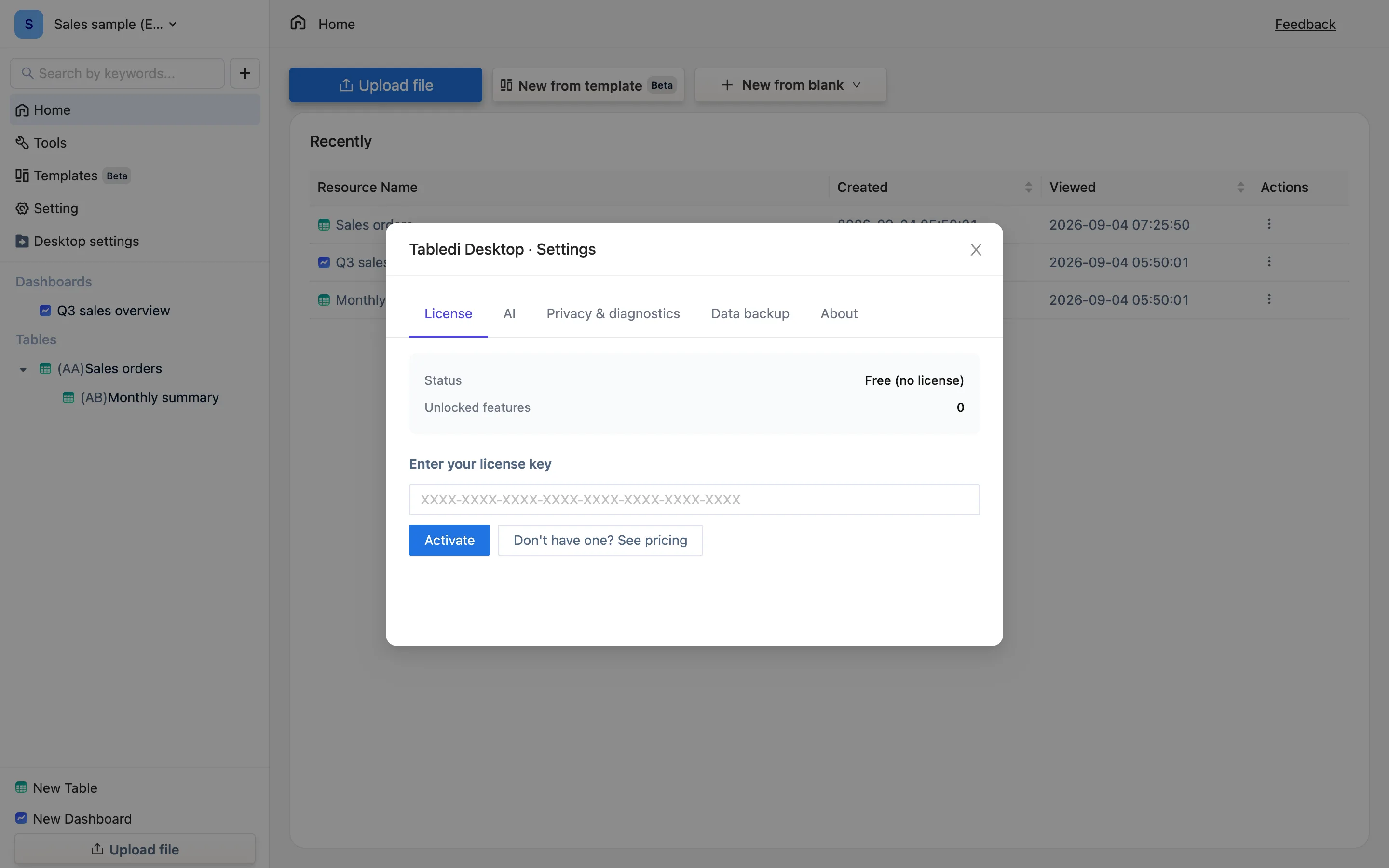 The Desktop settings panel, titled Tabledi Desktop · Settings