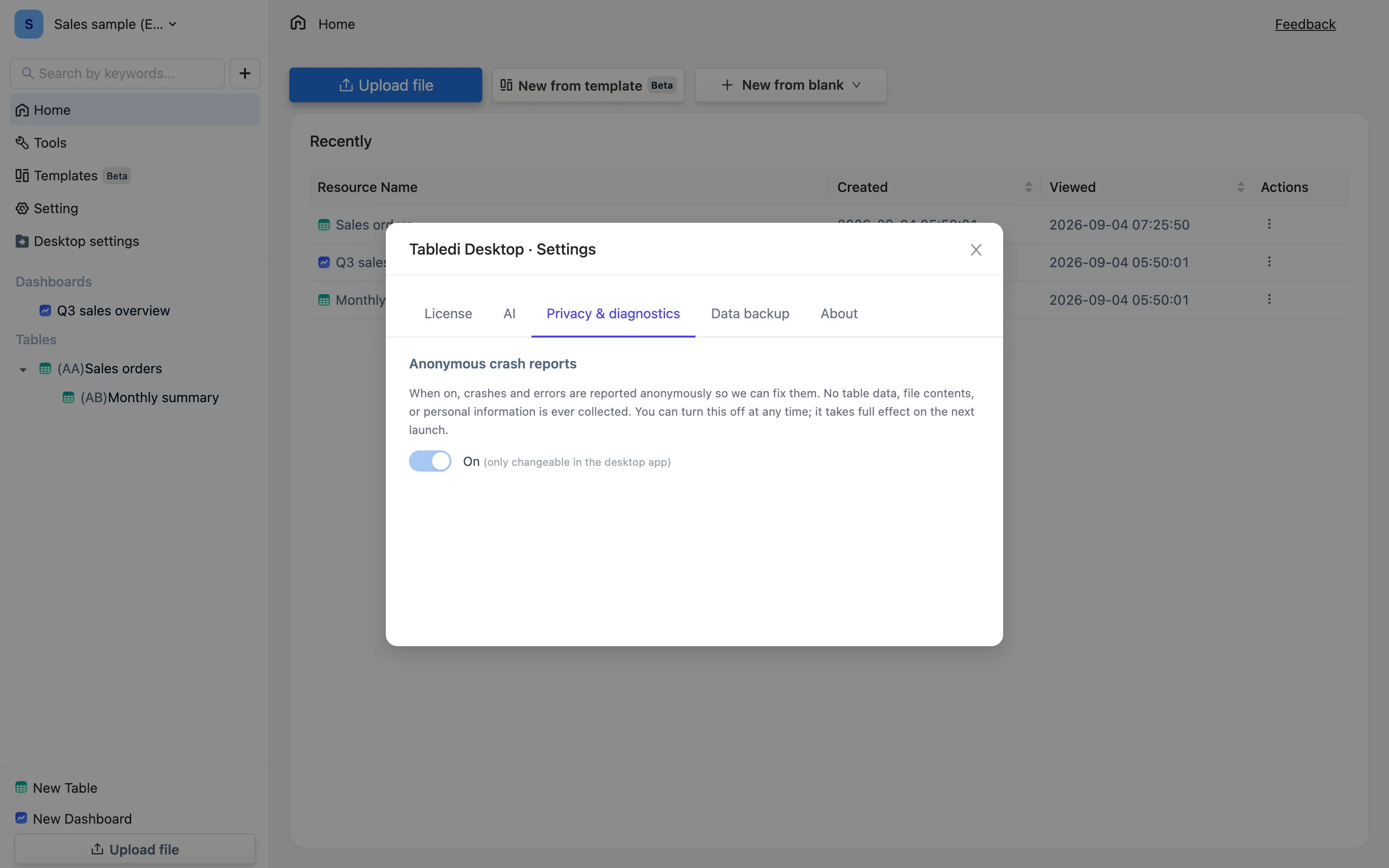 The Privacy &amp; diagnostics tab: the anonymous crash-report switch