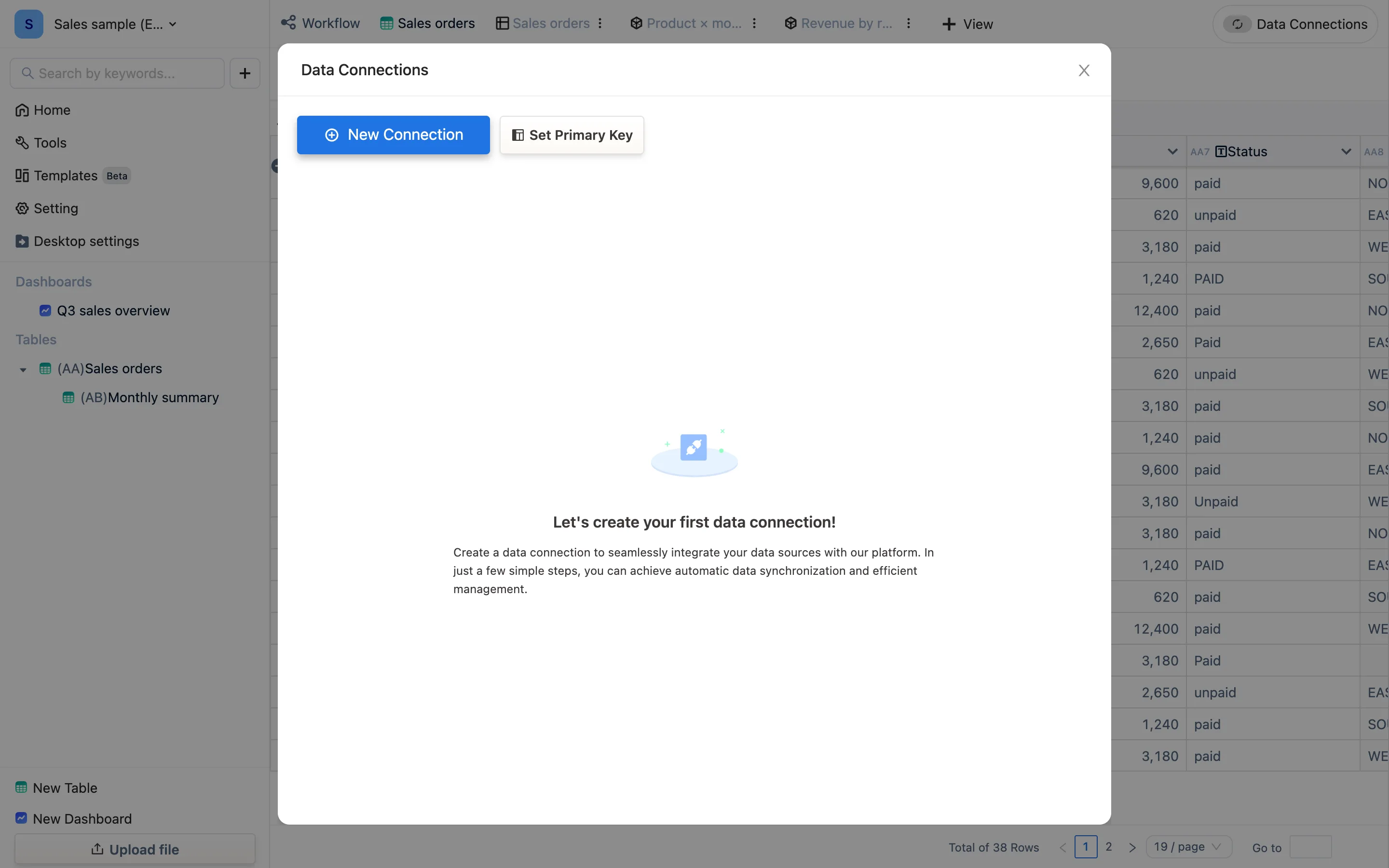 The Data Connections dialog: New Connection and Set Primary Key
