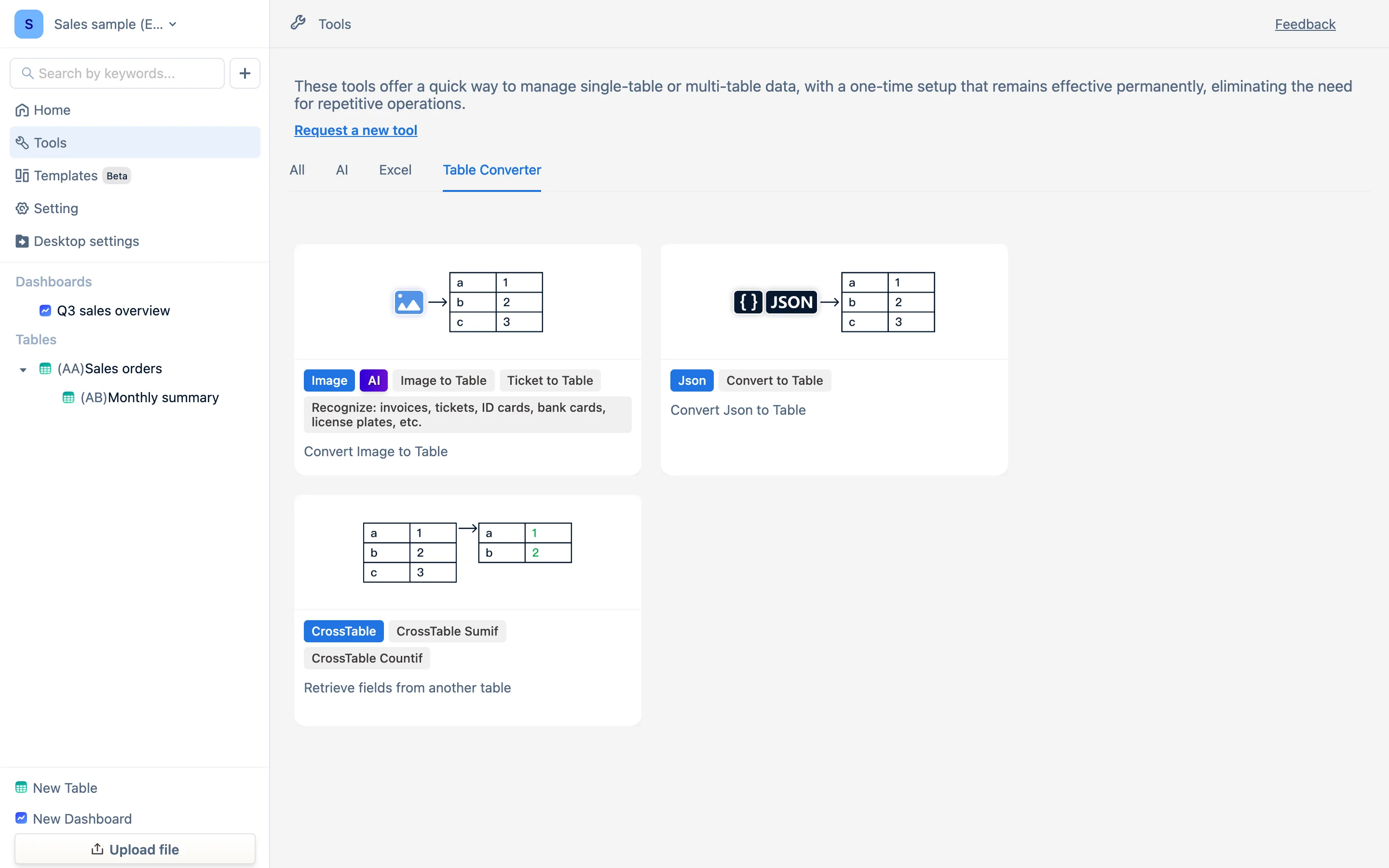 Tools ページの Table Converter タブ。画像、JSON、表をまたぐ参照
