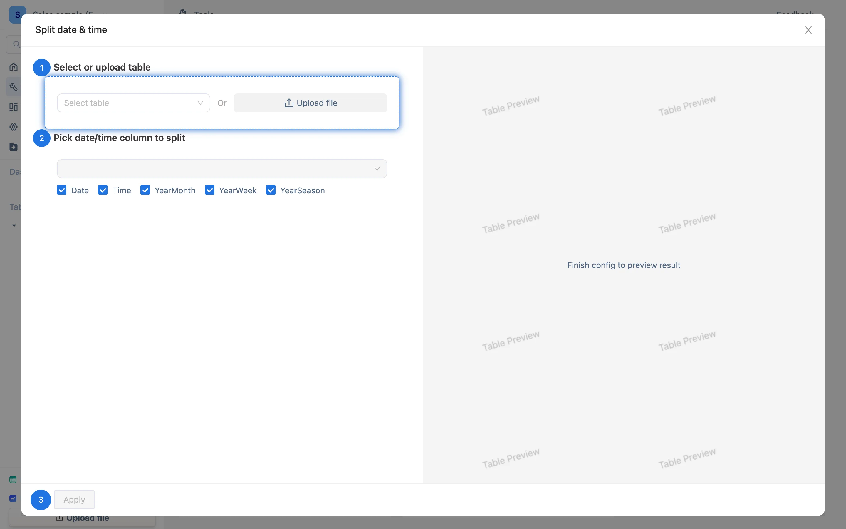 Tools ページの Date &amp; Time ウィザード。年月・週・四半期を取り出す