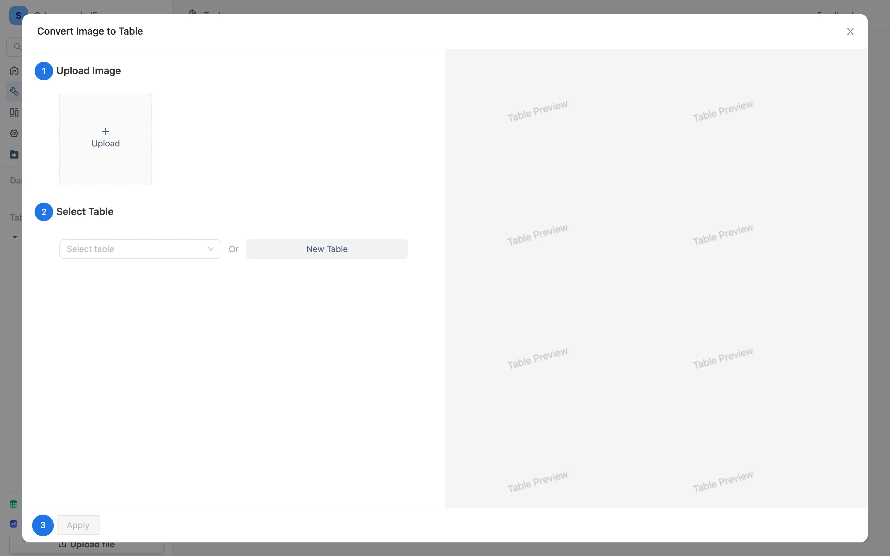 Tools ページの Convert Image to Table ウィザード