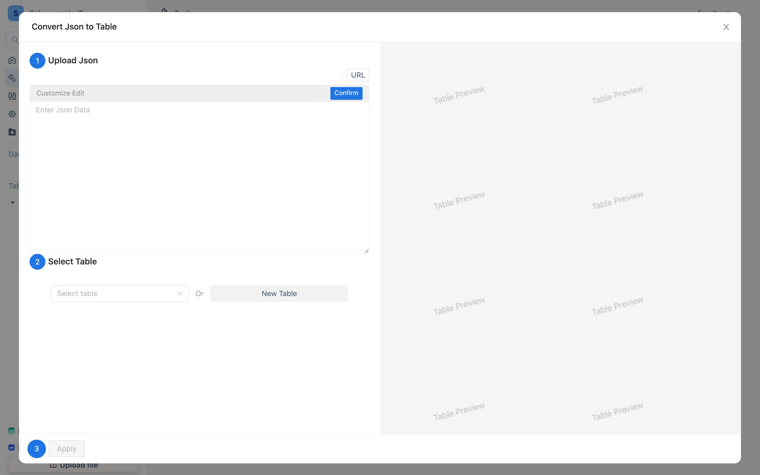 Table Converter タブの下にある Convert Json to Table ウィザード