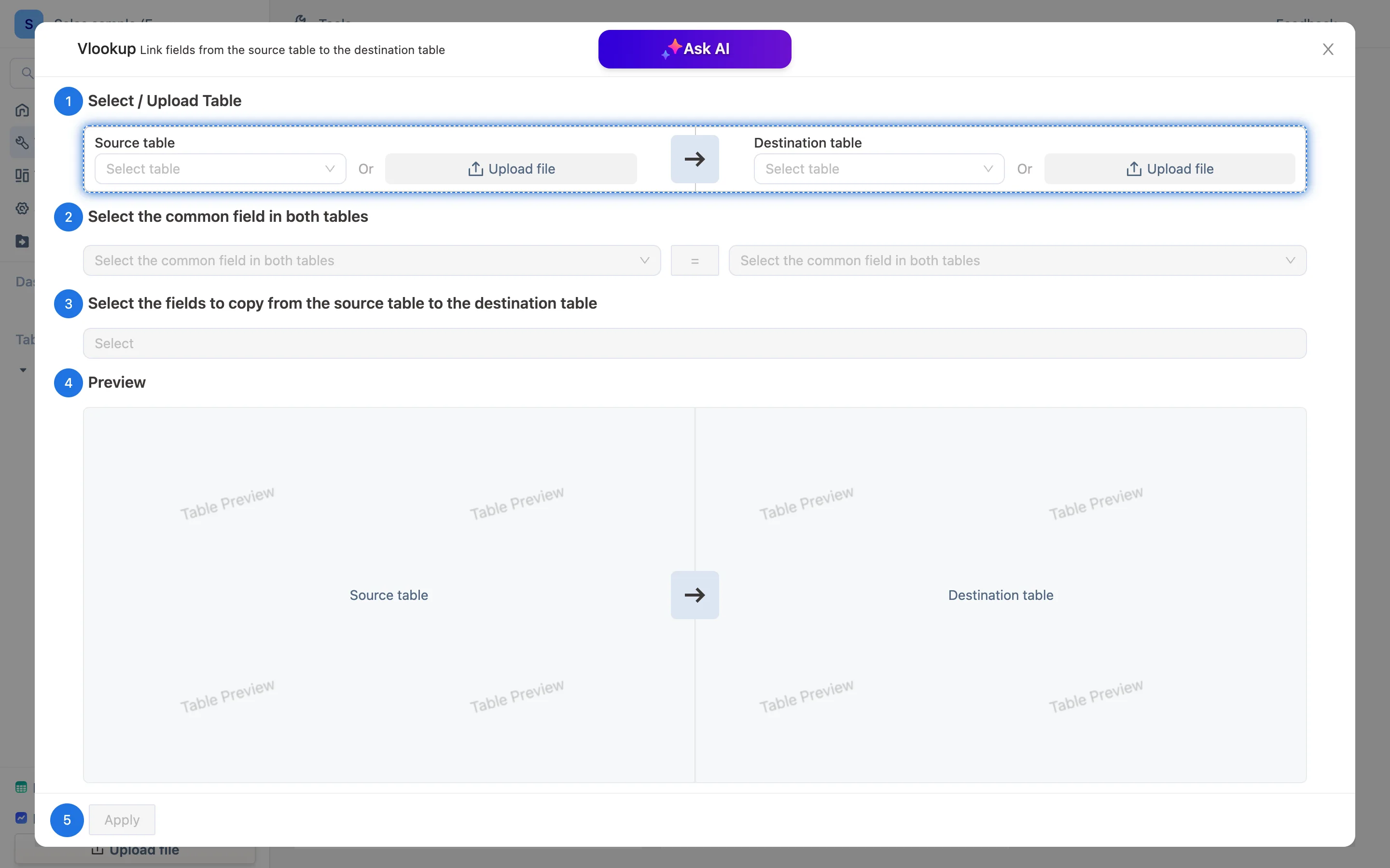 Tools ページの Split Table ウィザード