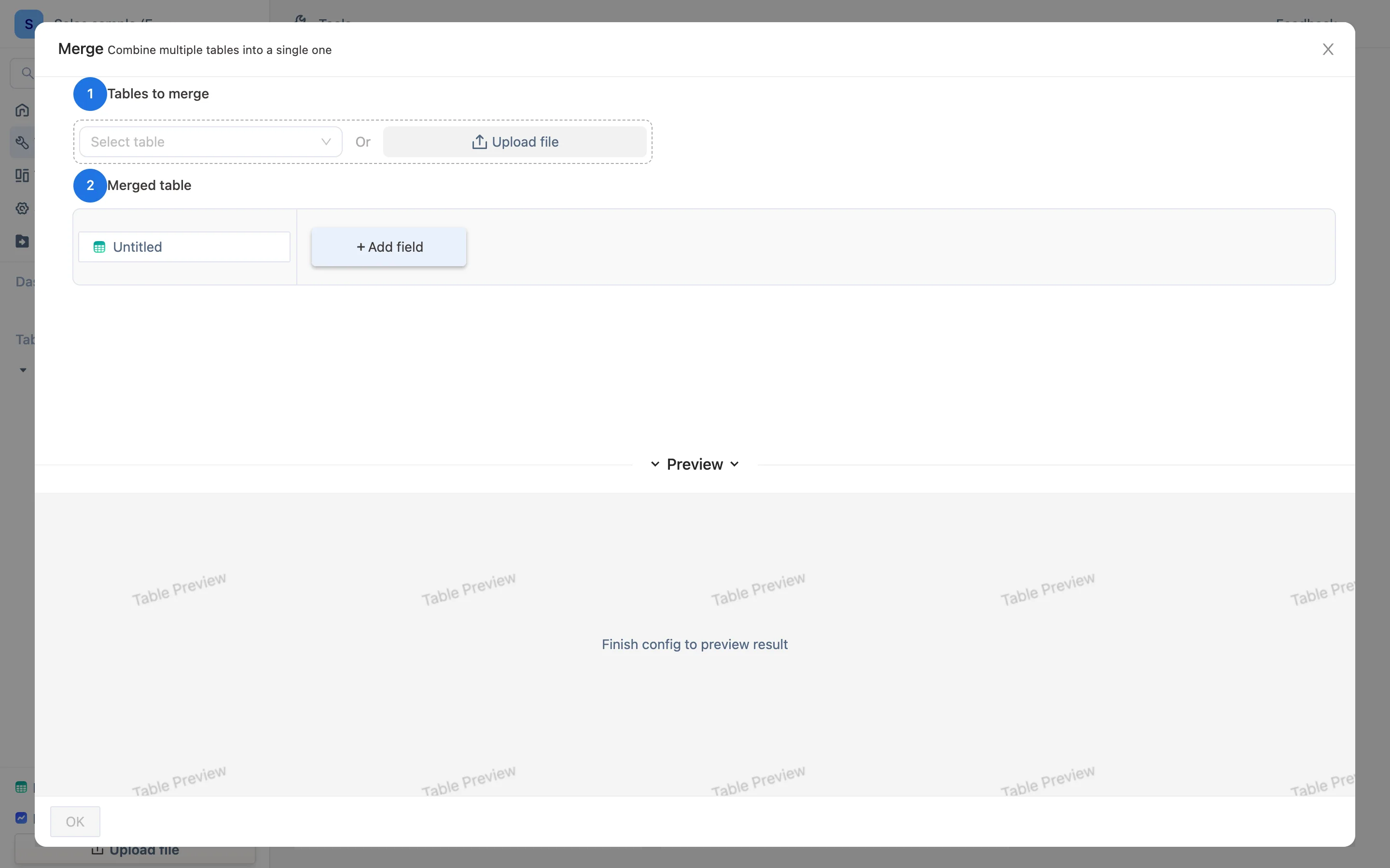 Tools ページの Merge Table ウィザード。同じ形の表を行方向に積む