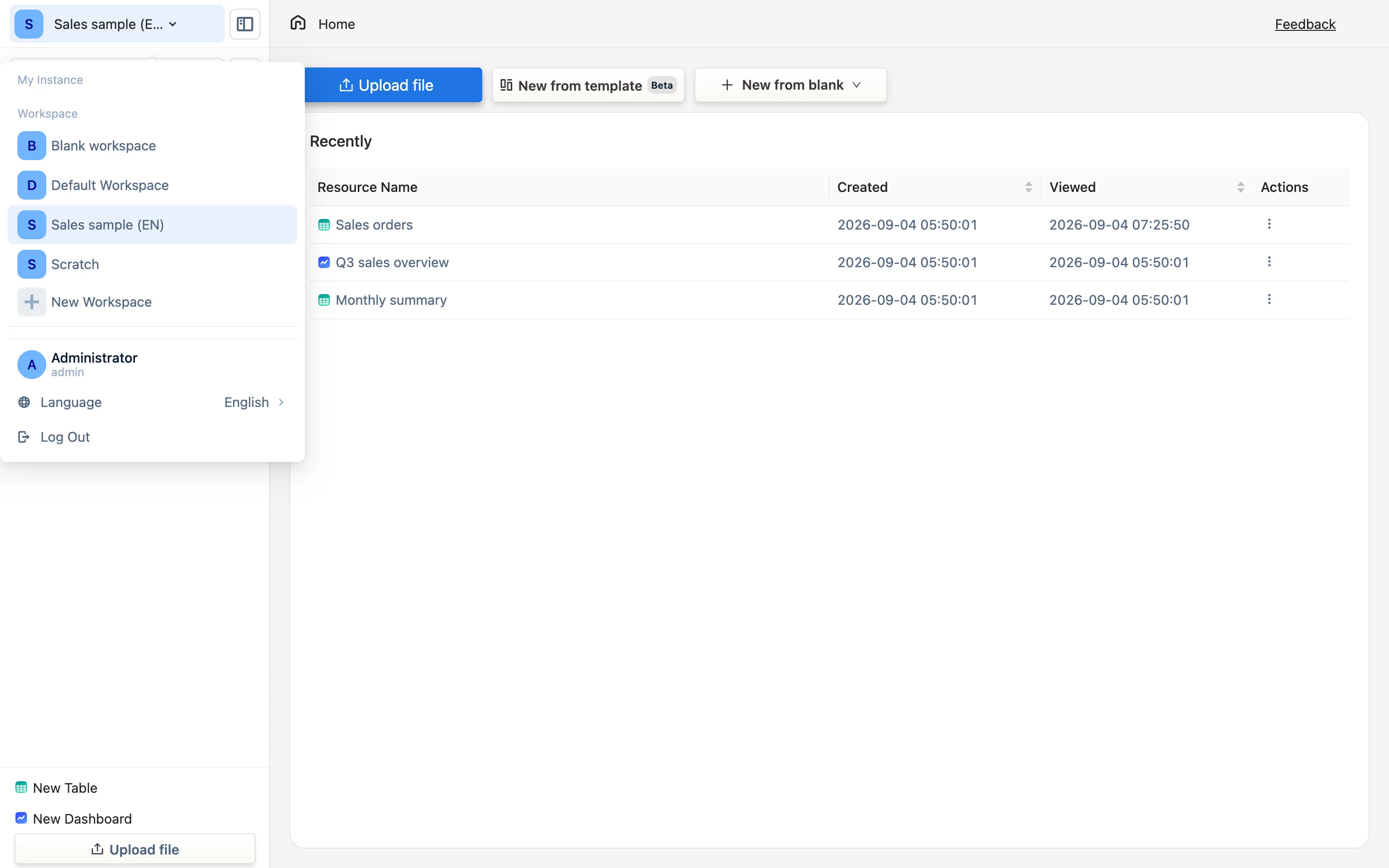 The workspace drawer: the current instance, all workspaces, add a workspace, account and language