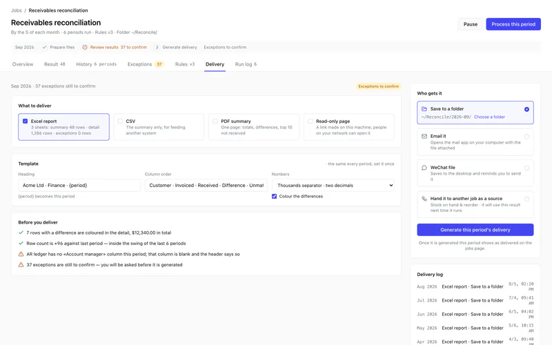 The Delivery tab: what to deliver, the template, the checks before delivering, and who gets it.