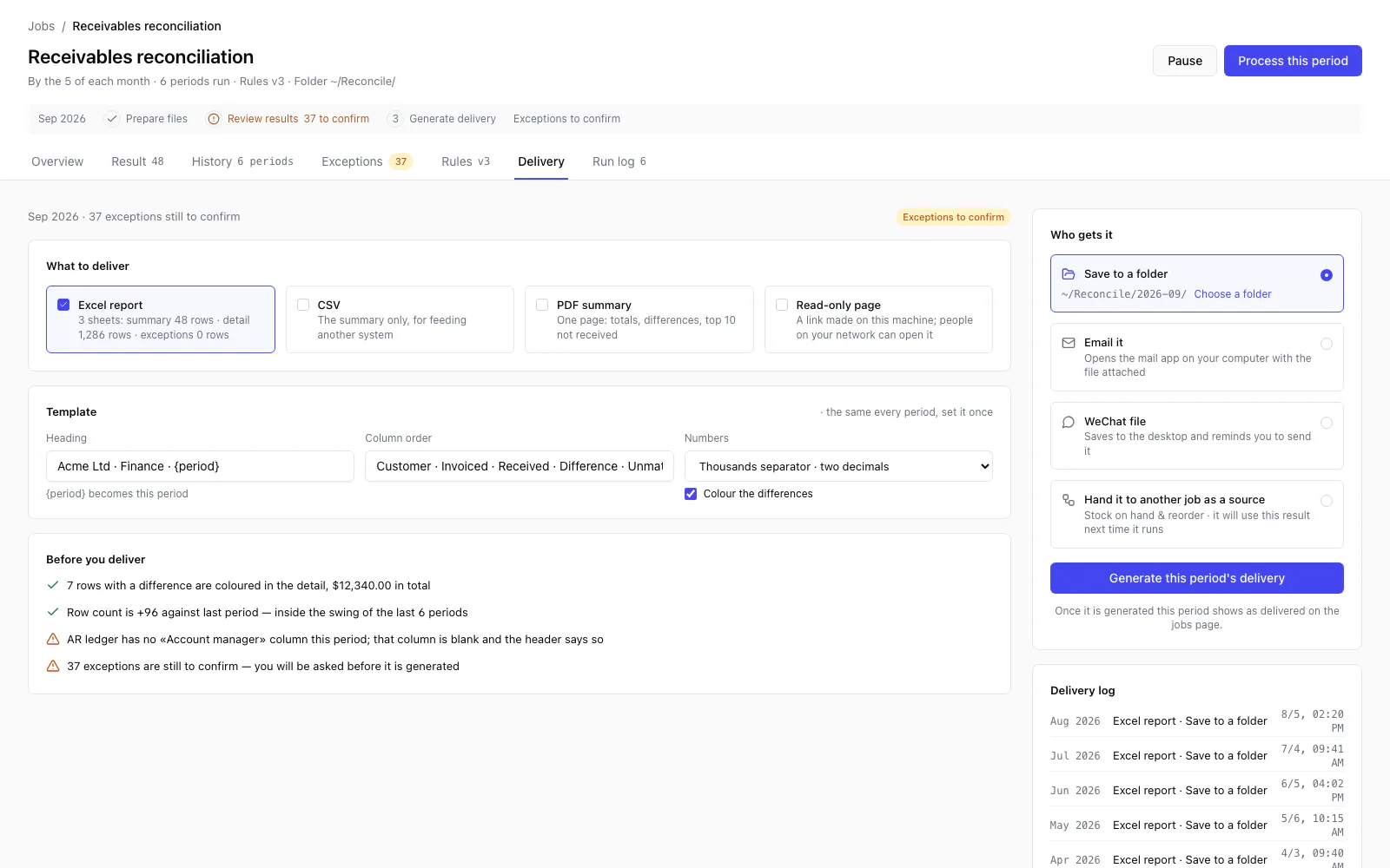 TableDI 2's delivery screen: an Excel report with summary, detail and exceptions sheets, the checks before delivering, and where the report goes.