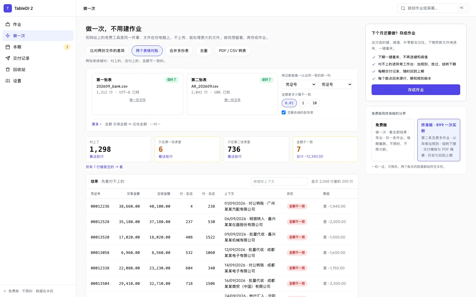 TableDI 2 的「做一次」：两份文件按键对账，显示对上的、只在一边的、金额不一致的各有多少。