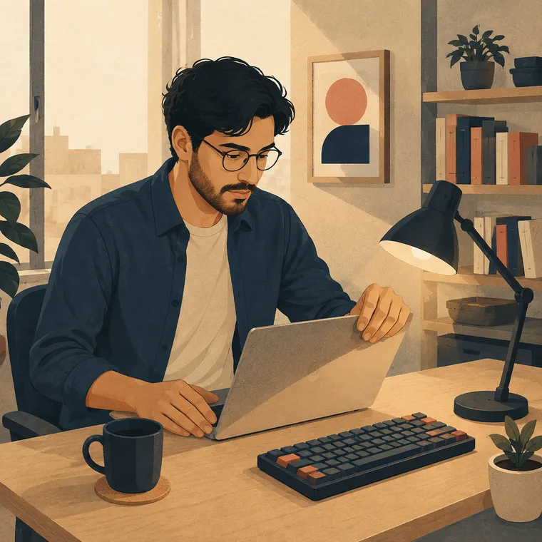 Illustrazione: un consulente indipendente apre il portatile a una scrivania compatta in uno studio casalingo, sotto una lampada dalla luce calda.