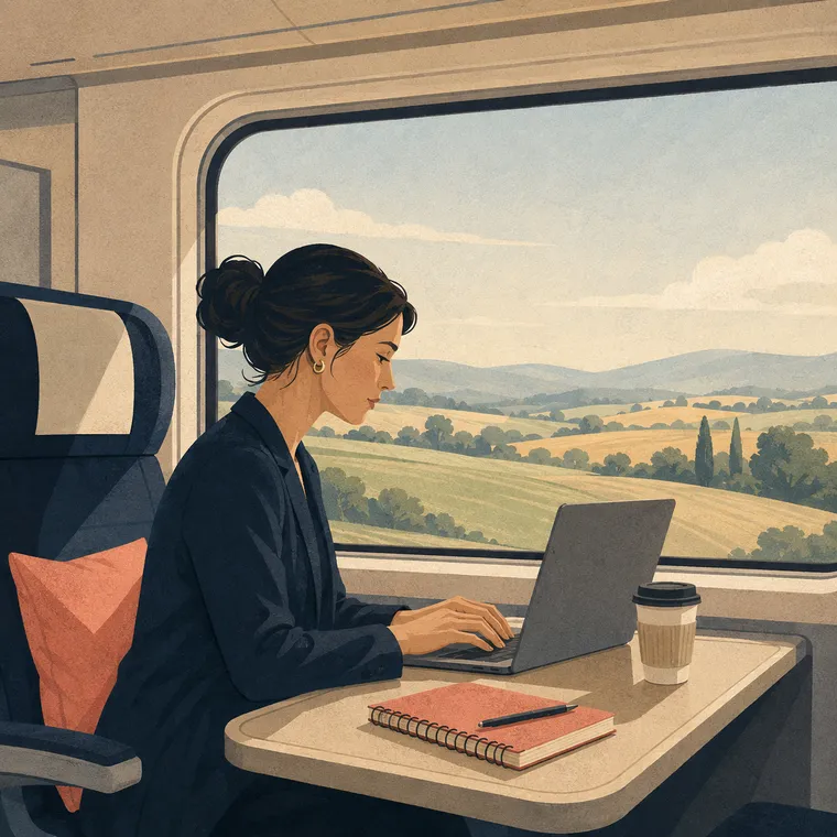 Illustrazione: un'analista operativa lavora al portatile su un posto finestrino in treno, mentre fuori scorre la campagna.