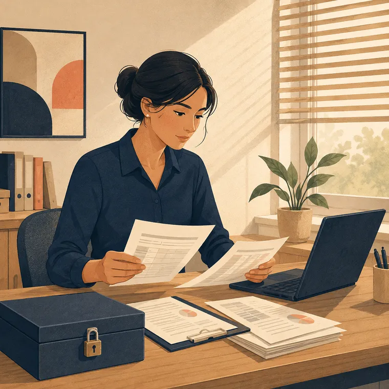 Illustrazione: una commercialista a una scrivania ordinata controlla cedolini stampati accanto a un portatile aperto, con una scatola per documenti dotata di serratura sul tavolo.